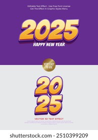 Logotipo de Vector 2025 con textura de vidrio púrpura Vector de Plantilla 3D editable. Diseño de Vector de Premium para cartel, Anuncio, saludo y celebración de feliz año nuevo 2025