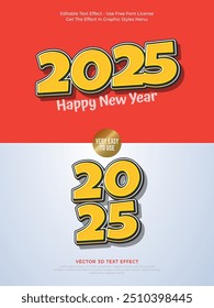 2025 Vector logo amarillo estilo de fuente con diseño 3D. Diseño de Vector de Premium para cartel, Anuncio, saludo y celebración de feliz año nuevo 2025