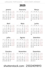 Calendario portugués de la Vertical 2025. Ilustración vectorial imprimible para Portugal. Plan tu año con estilo de calendario