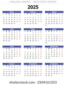 2025 vertical spanish calendars. Printable vector illustration for Spain. Plan your year with calendar style