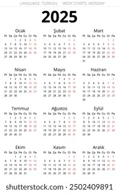 2025 vertical turkish calendars. Printable vector illustration for Turkey. Plan your year with calendar vertical style