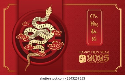 2025 Vietnamese new year, year of the snake. Set of Vietnamese new year posters, greeting cards design with Vietnamese zodiac snake. (Translation : happy new year 2025)