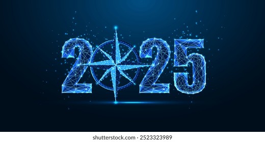 2025 vision New Year concept. Glowing 2025 digits and compass symbol on dark blue background. Modern design, future direction, leadership, innovative strategy. Glowing polygonal vector illustration