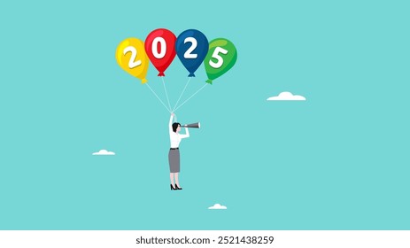 Visão 2025 para ver oportunidade de sucesso, procurando oportunidades de emprego em 2025, conceito de resolução de ano novo, realização ou plano de sucesso, empresária voando usando balões 2025 com telescópio