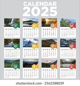 2025 wall calendar 12 pages with different colour scheme and grey background.