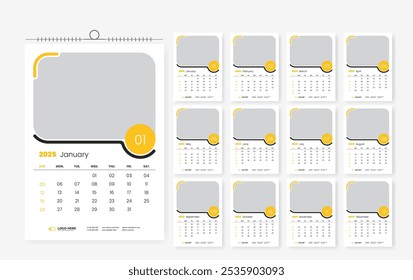 Diseño de calendario de pared 2025. Plantilla de calendario de 12 páginas