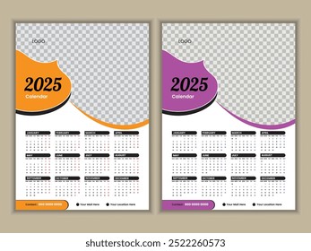 2025 wall Calendar design, new year one page wall calendar template. Clean and Simple Design ready to print, Week starts on Sunday.