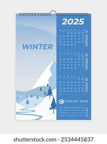 Projeto de calendário de parede 2025. Imprimir Pronto uma página de design de modelo de calendário de inverno para 2025. calendário de 2025