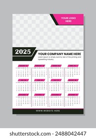 2025 Wall Calendar design template vector. Calendar 2025, week start Monday corporate design template vector. Modern wall calendar design 2025. Print Ready One Page wall calendar template 