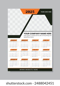 2025 Wall Calendar design template vector. Calendar 2025, week start Monday corporate design template vector. Modern wall calendar design 2025. Print Ready One Page wall calendar template 