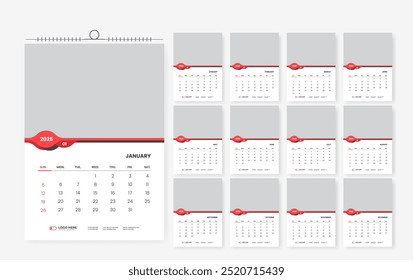 2025 wall calendar design template, 12 page print ready calendar