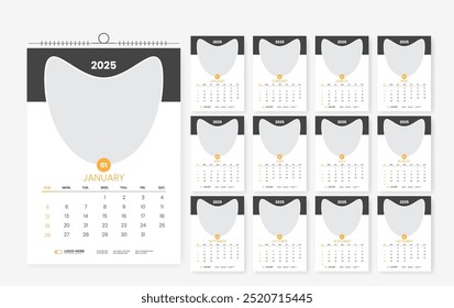 modelo de design de calendário de parede 2025, 12 páginas imprimir calendário pronto