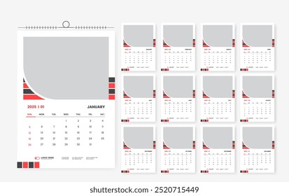 Plantilla de diseño de calendario de pared 2025, calendario listo para impresión de 12 páginas