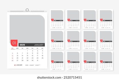 modelo de design de calendário de parede 2025, 12 páginas imprimir calendário pronto