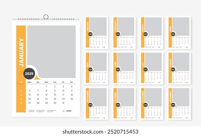 2025 wall calendar design template, 12 page print ready calendar