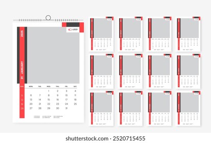 2025 wall calendar design template, 12 page print ready calendar