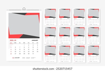 2025 wall calendar design template, 12 page print ready calendar