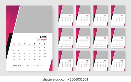 2025 Plantilla de calendario de pared 12 página, la semana comienza el domingo, Plantilla de diseño de calendario de Vertical simple.