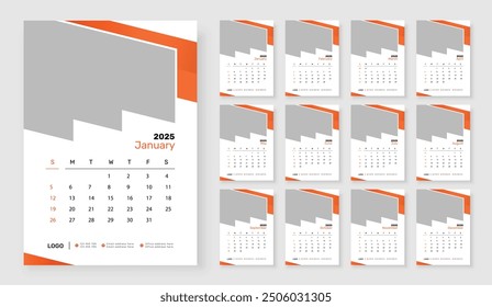 2025 Plantilla de calendario de pared 12 página, la semana comienza el domingo, Plantilla de diseño de calendario de Vertical simple.