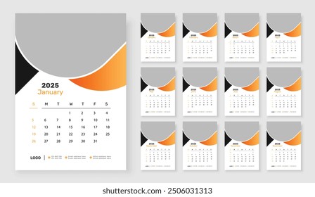 2025 Wall calendar template 12 page, Week starts on Sunday, Simple vertical calendar design template.