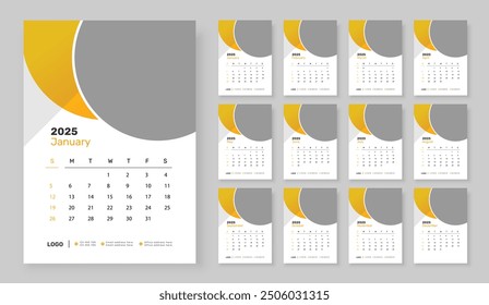 2025 Plantilla de calendario de pared 12 página, la semana comienza el domingo, Plantilla de diseño de calendario de Vertical simple.