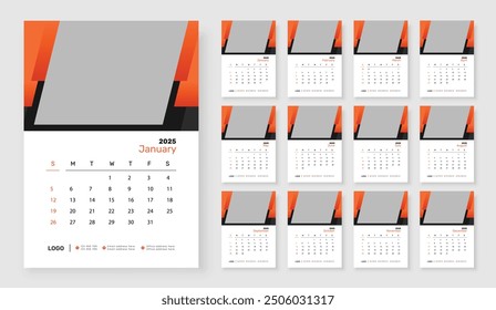 2025 Wandkalender Vorlage 12 Seite, Woche beginnt am Sonntag, Einfache vertikale Kalender-Design-Vorlage.