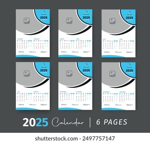 2025 Wall Calendar Template. Monday Monthly Calendar Design. Modern 12 Months January to December Date Layout. US Monday to Sunday with Holiday.