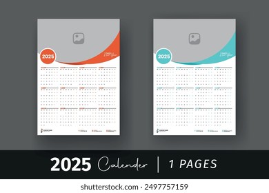 2025 Wall Calendar Template. Monday Monthly Calendar Design. Modern 12 Months January to December Date Layout. US Monday to Sunday with Holiday.
