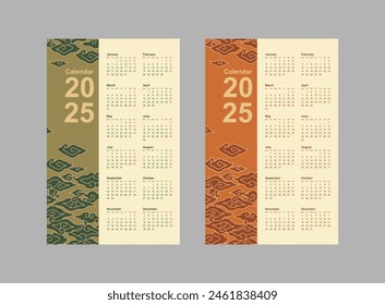 2025 Wall Calendar Vector Design Featuring Mega Mendung Batik Motif: Classic Sundanese Cultural Pattern with Two Color Variants