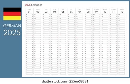 2025 wall planner in German, annual one page calendar or organizer with copy space for notes