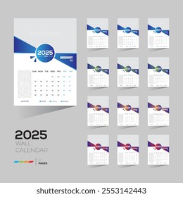 2025 Vector de pared 12 meses 12 página diseño de calendario para cualquier tipo de uso