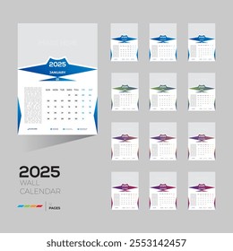 2025 wall vector 12 month 12 page calendar design for any kind of use