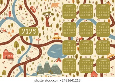 2025 wanderlust calendar with artistic hand drawn outdoor scene in form of map, all in vector. Monthly grids surrounded by nature elements like trees, animals, and roads. Great for indoor decoration.