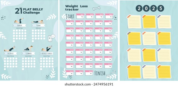 Rastreador de pérdida de peso 2025 con diferentes entrenamientos y rastreador de objetivos de desafío. Lista de tareas pendientes de salud para imprimir
