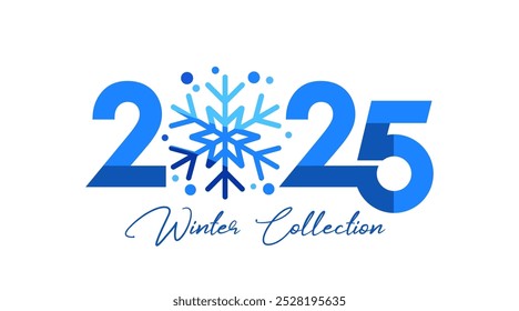 Oferta especial 2025 Winter Collection com um floco de neve de vidro manchado. Conceito de estação de inverno de lettering para empresa de moda com neve azul e círculos. Ilustração vetorial para promoção de venda