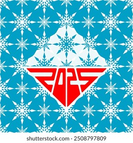 2025 Winter Wonderland: Futuristisches Logo trifft auf frostiges Schneeflocken-Muster. Fett rotes Emblem auf eisblauem Hintergrund - perfekt für Silvester oder Event Branding.