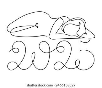 2025 and woman one line art, hand drawn  lady figure continuous contour.Holiday concept,festive female celebrating.New year handwriting text, linear style, minimalist design.Editable stroke.Isolated.