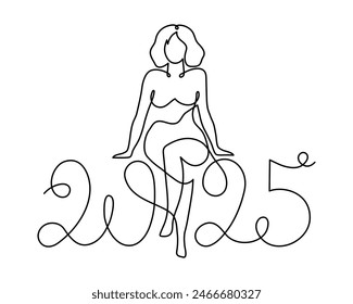 2025 and woman one line art, hand drawn  lady figure continuous contour.Holiday concept,festive female celebrating.New year handwriting text, linear style, minimalist design.Editable stroke.Isolated.