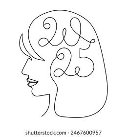 2025 and woman one line art, hand drawn  lady figure continuous contour.Holiday concept,festive female celebrating.New year handwriting text, linear style, minimalist design.Editable stroke.Isolated.
