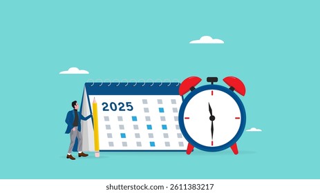 2025 work planning with time management, reminders of events or business meetings, arrange meeting schedules, businessman holding pencil planning work schedule on calendar with alarm clock