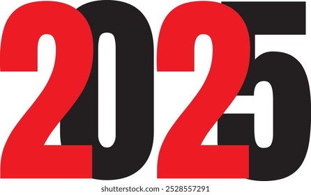 "2025" in kräftigem Rot und Schwarz, symbolisiert Kraft und Eleganz. Perfekt für moderne Designs, vermittelt es Kraft, Raffinesse und eine futuristische Note. Ideal für eindrucksvolle Bilder.