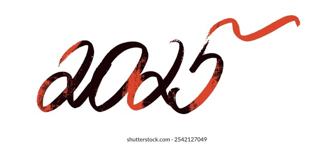 2025 written in ink in continuous handwriting. New Year decorative doodles for calendar. Symbol of 2025 on a white isolated background. Vector illustration EPS10.