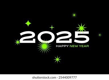 2025 y2k poster, vector numbers, green stars on black background