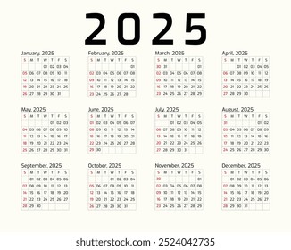 2025 Year all months calendar Single Page corporate wall 2025 12 months calendar template, Professional style.
