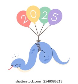 2025 Año de la serpiente azul concepto ilustración de personaje. Una serpiente azul está volando mientras está colgando de un globo con el 2025 escrito en él.