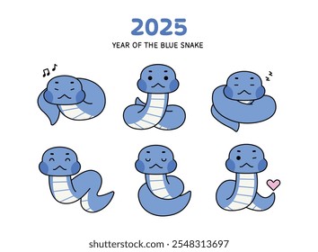 2025 Ano da cobra azul. Folha de caracteres de cobra azul estilo desenho animado em fundo branco. clip-art de ilustração de vetor plano. 