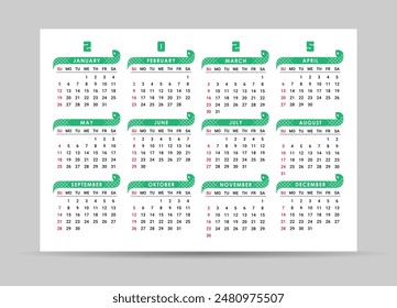 2025 year calendar with abstract green snake. Week starts on Sunday. Pocket or wall calendars layouts. Simple planner template with 12 month. Yearly organizer. Vector illustration