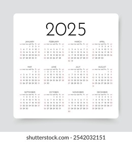 Jahreskalender 2025. Vorlage für Kalenderraster. Die Woche beginnt am Sonntag. Jährlicher Organisator mit 12 Monaten. Scheduler Layout in quadratisch einfachem Design in Englisch. Vektorgrafik.