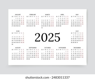 Calendario anual de 2025. Diseño del calendario. La semana empieza el lunes. Plantilla mensual del planificador con 12 meses. Cuadrícula organizadora de escritorio en diseño Horizontal, A4. Diario de papelería anual, inglés. Ilustración vectorial