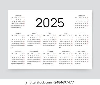 Calendario anual de 2025. Diseño del calendario. La semana empieza el lunes. Plantilla mensual del planificador con 12 meses. Cuadrícula organizadora de escritorio en diseño Horizontal, A4. Diario de papelería anual, inglés. Ilustración vectorial